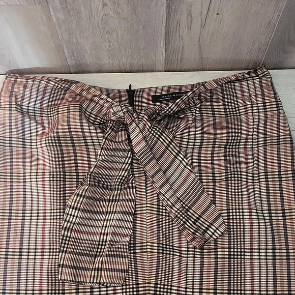 🛍Zara Woman Brown Plaid Tie Front Back Zip Pencil Skirt Womens Size Medium‎ - Picture 4 of 10
